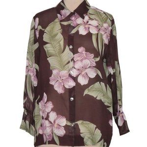 TOMMY BAHAMA Palm Print Hawaiian Sheer Silk Blouse  Size 4-6